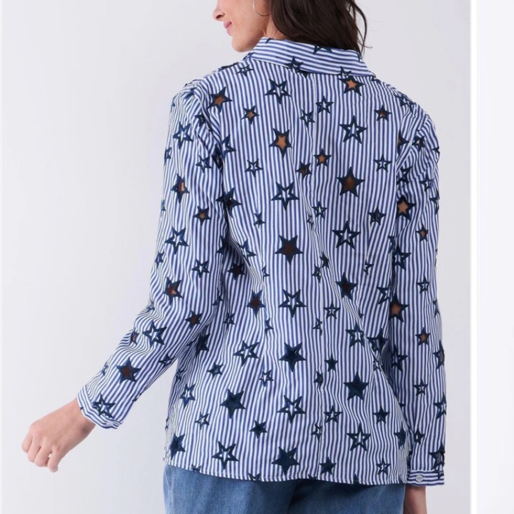 Striped Cut-Out Star Embroidery Long Sleeve Button up Shirt blue size M